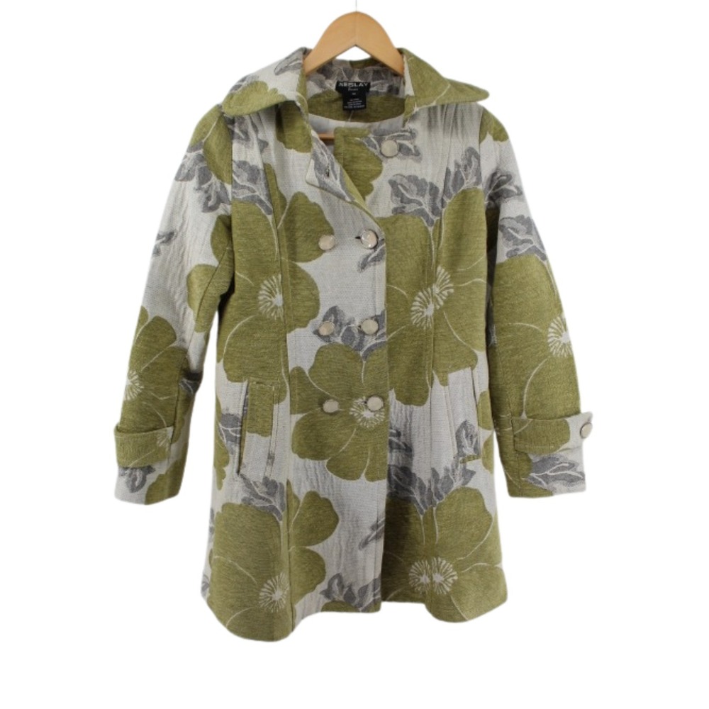 Neslay Paris Vintage Peacoat Women's‎ Medium Green Grey Floral Button Coat